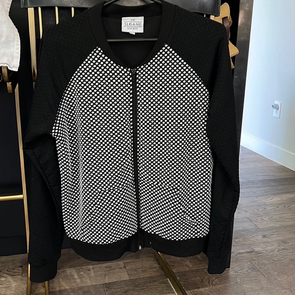 LF Sloane Society black and white polka dotted zip up jacket